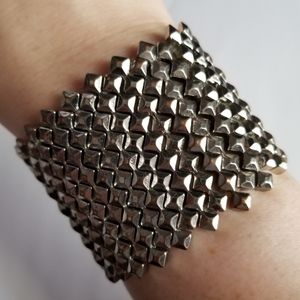Wide bracelet silver tone metal studded look stretch beaded